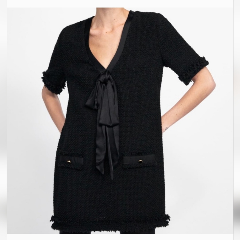 Zara Woman Black Tweed Dress With Bow Size Small EUC